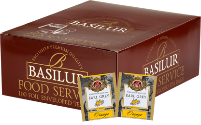 Zestaw Basilur Earl Grey Orange 100 x 2 g – aromatyczna czarna herbata z bergamotką i pomarańczą w eleganckim kartonowym pudełku.