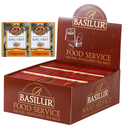 Herbata Basilur Earl Grey Tangerine w opakowaniu Food Service 100 torebek – czarna herbata cejlońska z bergamotką i mandarynką.