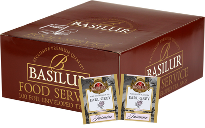 Zestaw Basilur Earl Grey Jasmine 100 x 2 g – aromatyczna czarna herbata z nutą jaśminu w eleganckim kartonowym pudełku.