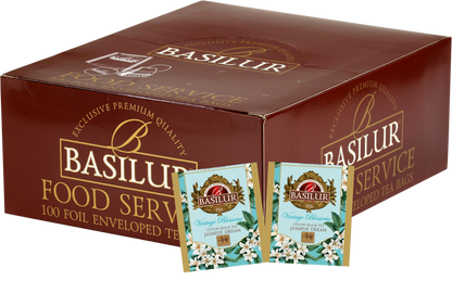 Zestaw Basilur Jasmine Dream 100 x 1,5 g – aromatyczna czarna herbata z jaśminem w eleganckim kartonowym pudełku.