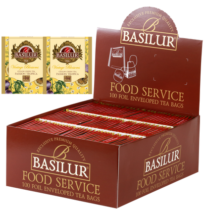 Herbata Basilur Passion Tropica w opakowaniu Food Service 100 torebek – zielona herbata cejlońska z aromatem marakui.
