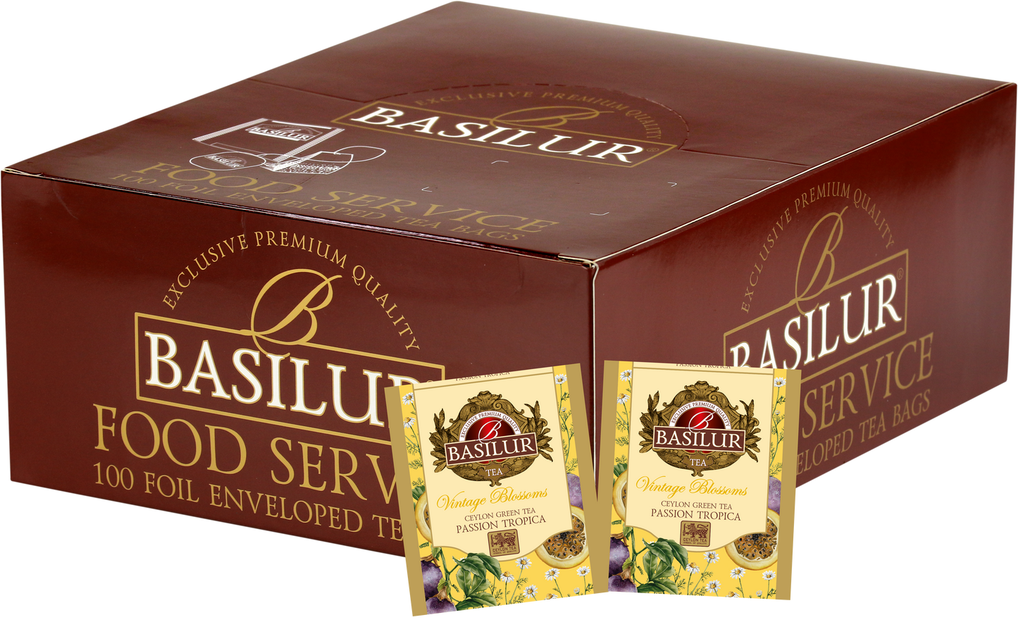 Zestaw Basilur Passion Tropica 100 x 1,5 g – zielona herbata z nutą marakui w eleganckim kartonowym pudełku.