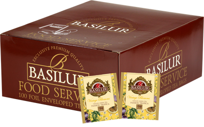 Zestaw Basilur Passion Tropica 100 x 1,5 g – zielona herbata z nutą marakui w eleganckim kartonowym pudełku.