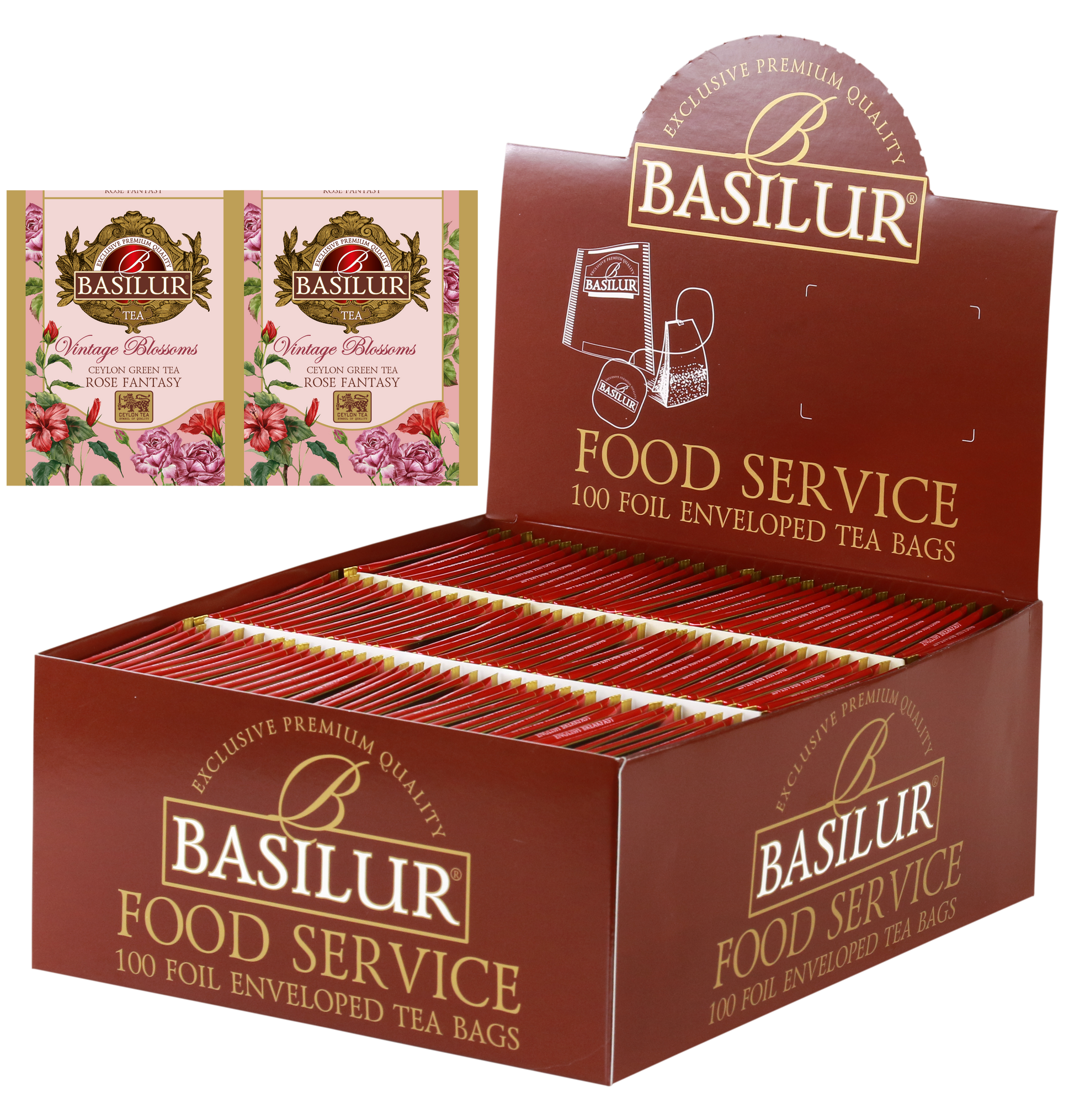 Herbata Basilur Rose Fantasy w opakowaniu Food Service 100 torebek – zielona herbata cejlońska z aromatem róży.