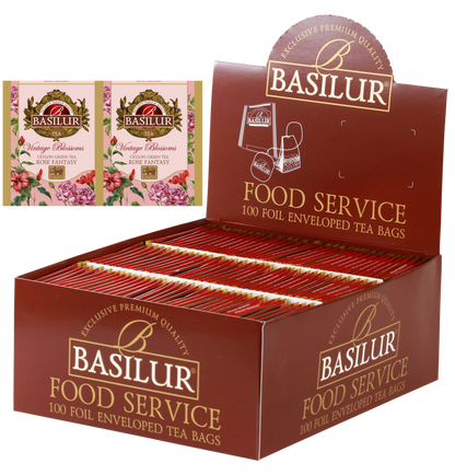 Herbata Basilur Rose Fantasy w opakowaniu Food Service 100 torebek – zielona herbata cejlońska z aromatem róży.