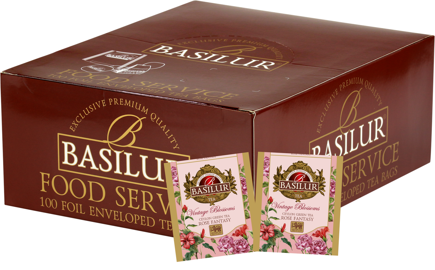 Zestaw Basilur Rose Fantasy 100 x 1,5 g – delikatna zielona herbata o różanym aromacie w eleganckim pudełku.