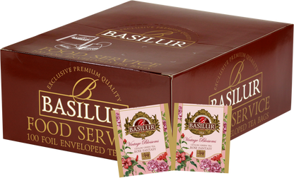 Zestaw Basilur Rose Fantasy 100 x 1,5 g – delikatna zielona herbata o różanym aromacie w eleganckim pudełku.