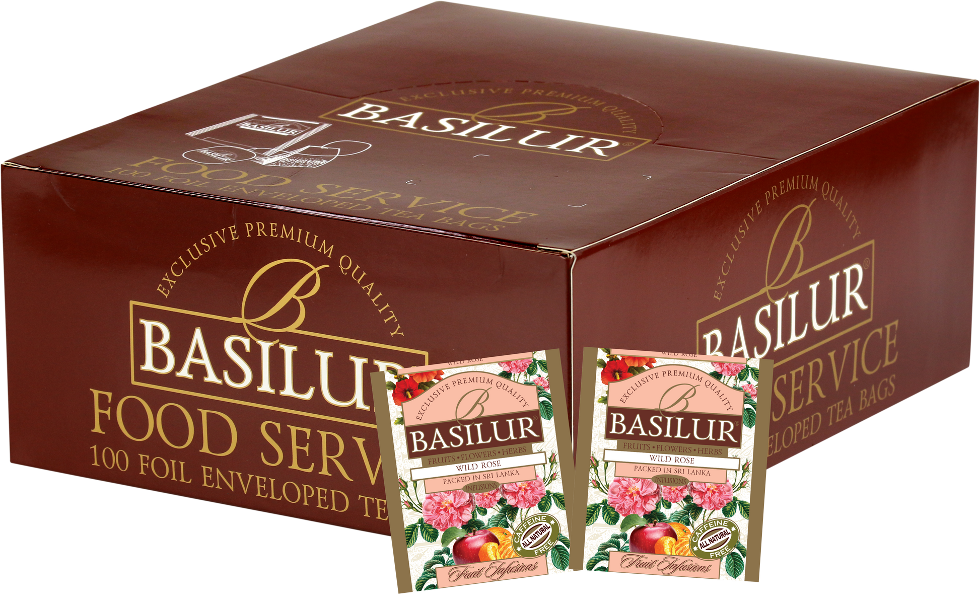 Opakowanie zbiorcze Basilur Wild Rose z widocznymi saszetkami herbaty owocowo-ziołowej z dziką różą.