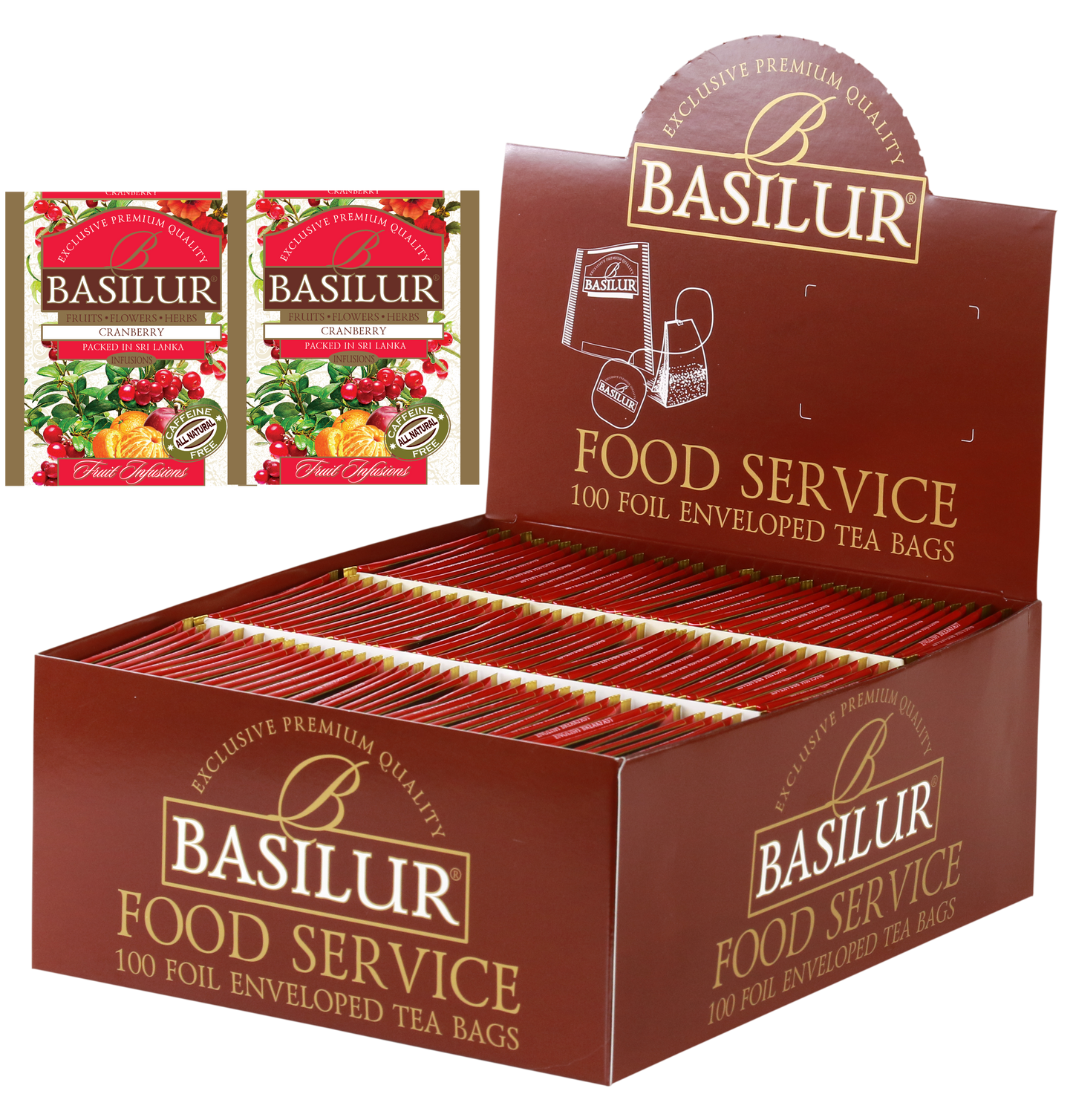 Herbata Basilur Cranberry w dużym opakowaniu typu food service, 100 torebek w kopertach.
