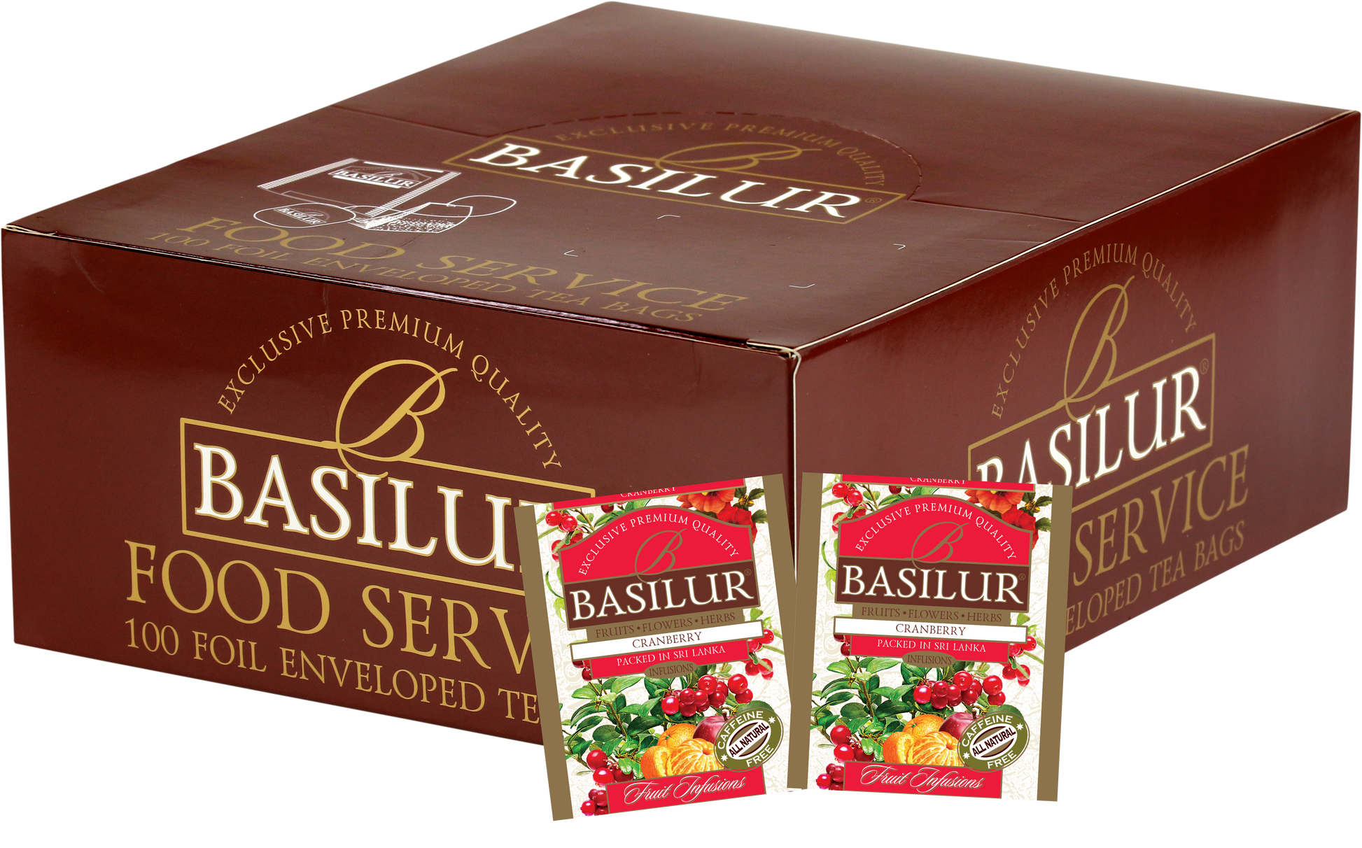 Opakowanie zbiorcze Basilur Cranberry z widocznymi saszetkami herbaty owocowej o smaku żurawiny.