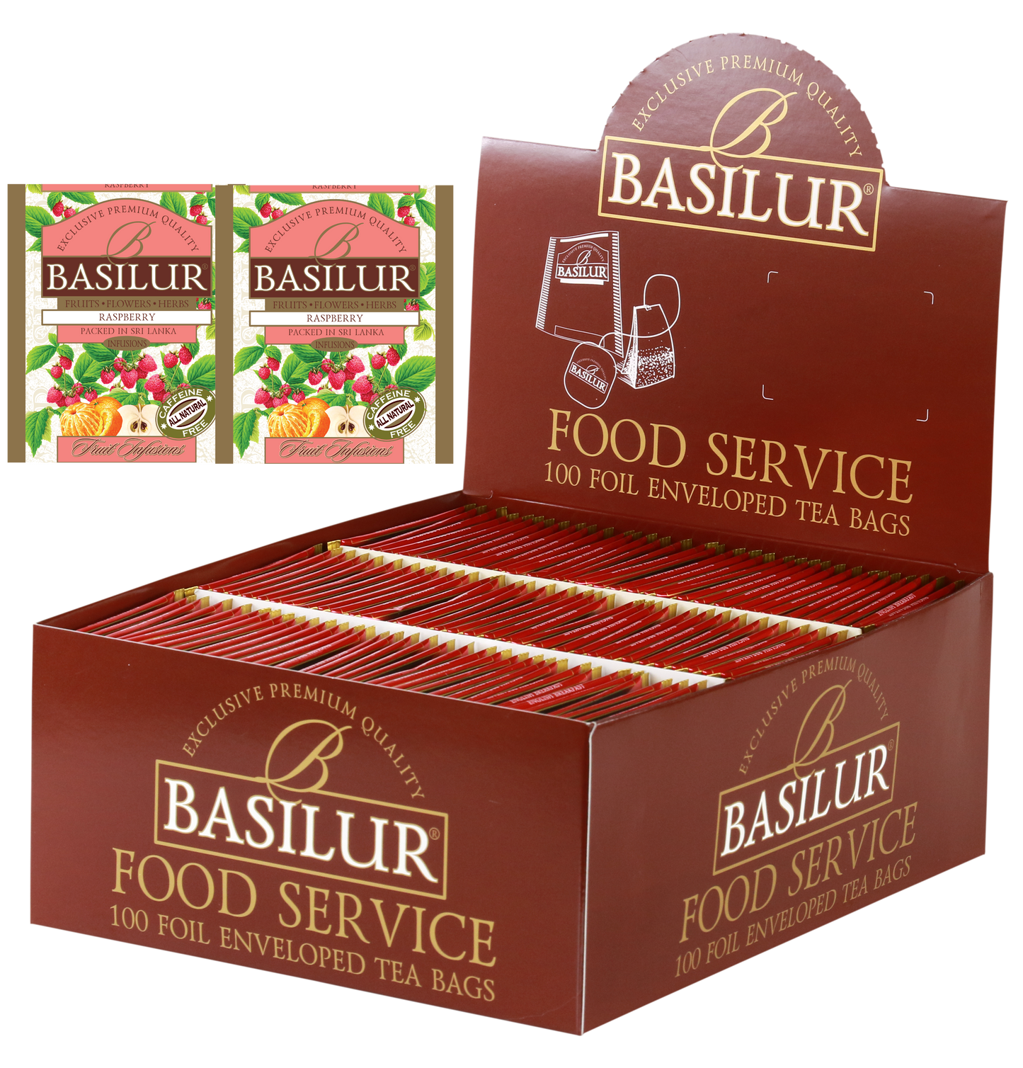 Herbata Basilur Raspberry w ekspozytorze typu food service, 100 torebek w kopertach.