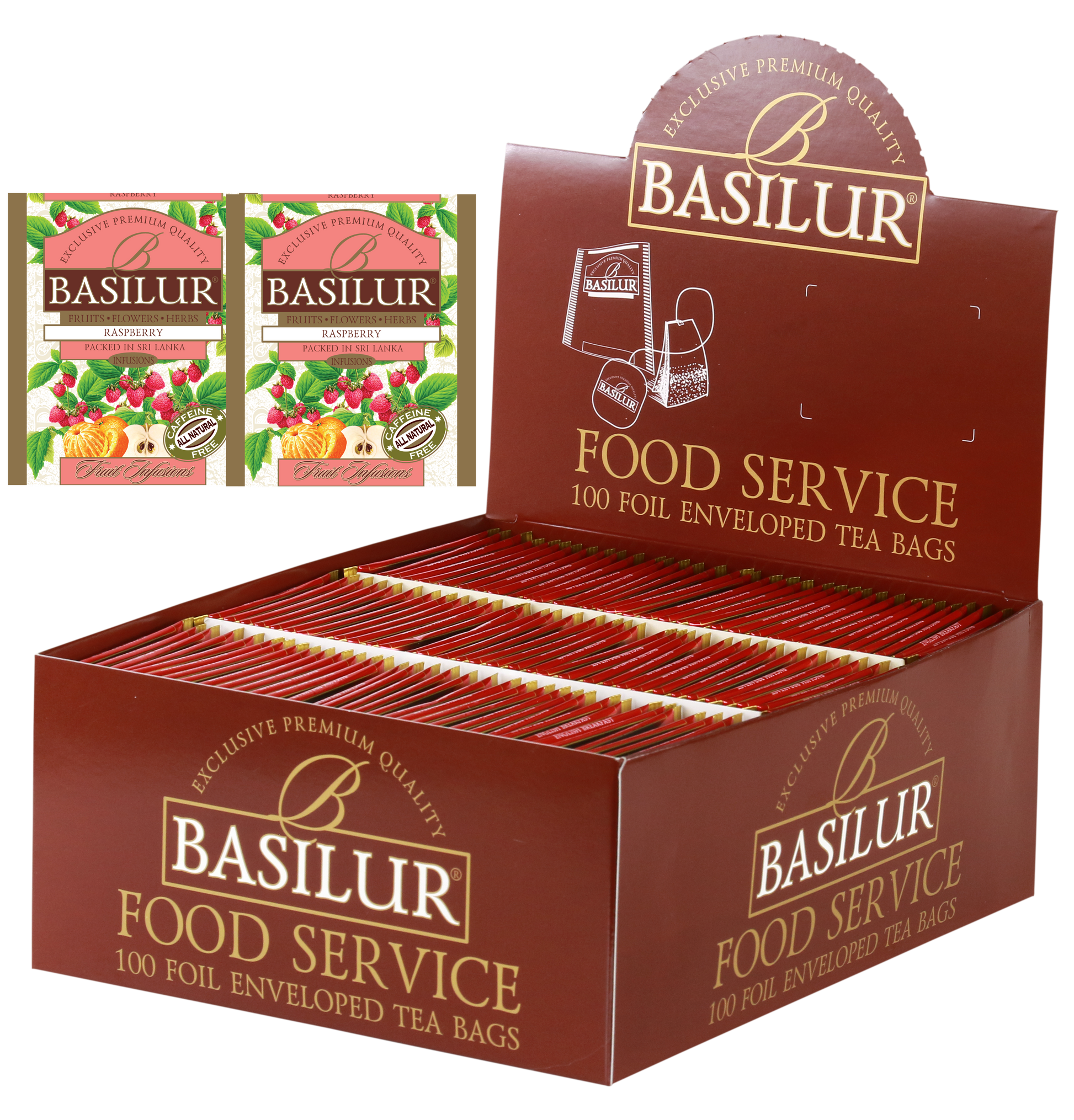 Herbata Basilur Raspberry w ekspozytorze typu food service, 100 torebek w kopertach.