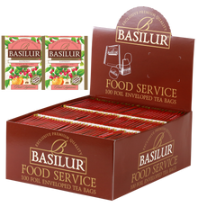 Herbata Basilur Raspberry w ekspozytorze typu food service, 100 torebek w kopertach.
