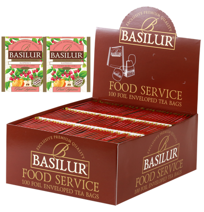 Herbata Basilur Raspberry w ekspozytorze typu food service, 100 torebek w kopertach.