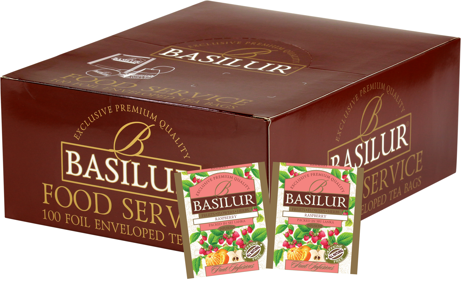 Opakowanie zbiorcze Basilur Raspberry z saszetkami herbaty owocowej o smaku malin.