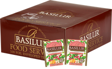 Opakowanie zbiorcze Basilur Raspberry z saszetkami herbaty owocowej o smaku malin.