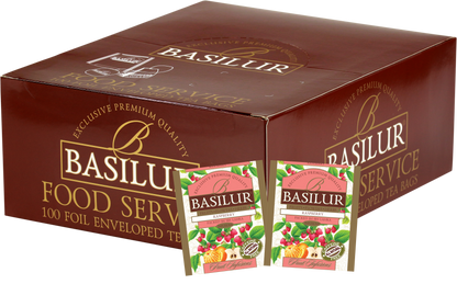 Opakowanie zbiorcze Basilur Raspberry z saszetkami herbaty owocowej o smaku malin.