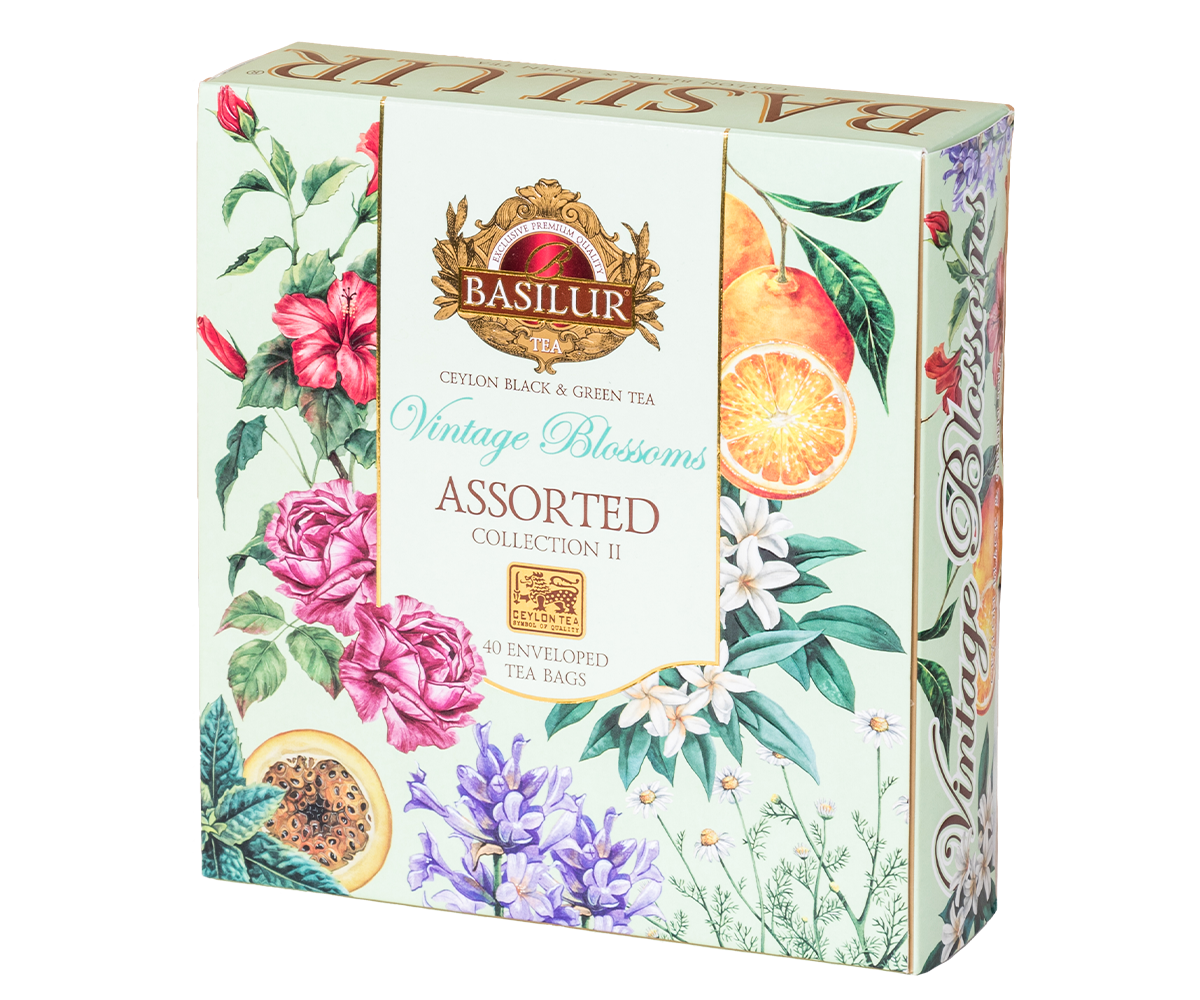 Bok opakowania Basilur Vintage Blossoms Collection II z ilustracjami kwiatów i owoców.