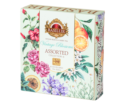 Bok opakowania Basilur Vintage Blossoms Collection II z ilustracjami kwiatów i owoców.