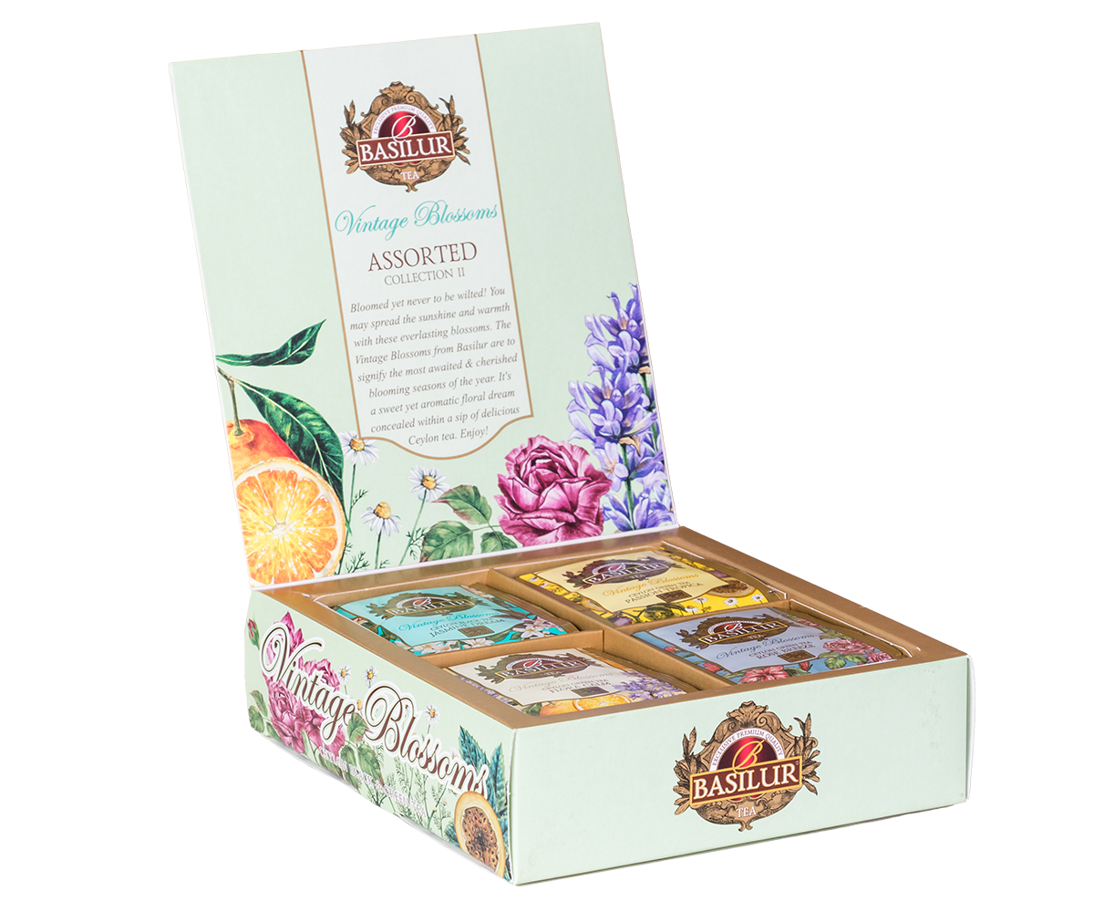 Otwarty zestaw herbat Basilur Vintage Blossoms Collection II z kwiatową grafiką, różne smaki herbat.