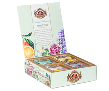 Otwarty zestaw herbat Basilur Vintage Blossoms Collection II z kwiatową grafiką, różne smaki herbat.