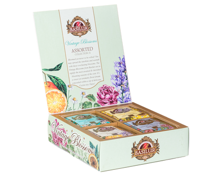 Otwarty zestaw herbat Basilur Vintage Blossoms Collection II z kwiatową grafiką, różne smaki herbat.