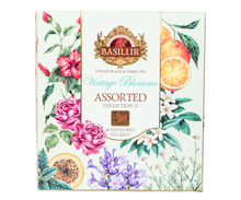 Widok z góry na pudełko Basilur Vintage Blossoms Collection II – elegancki zestaw czarnej i zielonej herbaty.