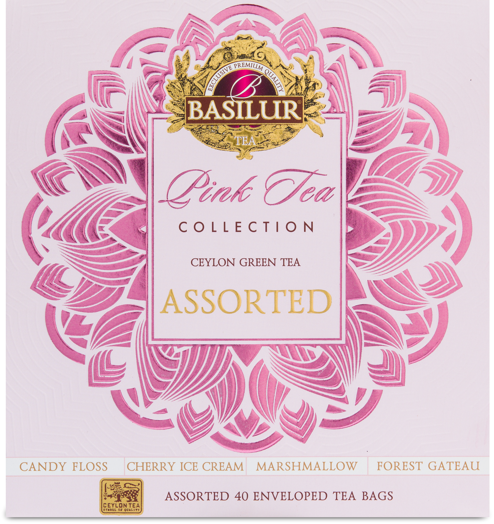 Zbliżenie na front pudełka Basilur Pink Tea Collection z logo i wzorem w odcieniach różu.