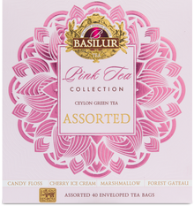 Zbliżenie na front pudełka Basilur Pink Tea Collection z logo i wzorem w odcieniach różu.
