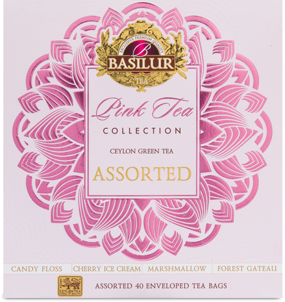 Zbliżenie na front pudełka Basilur Pink Tea Collection z logo i wzorem w odcieniach różu.