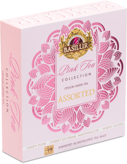Pudełko Basilur Pink Tea Collection widoczne z prawej perspektywy, pastelowe różowe barwy.