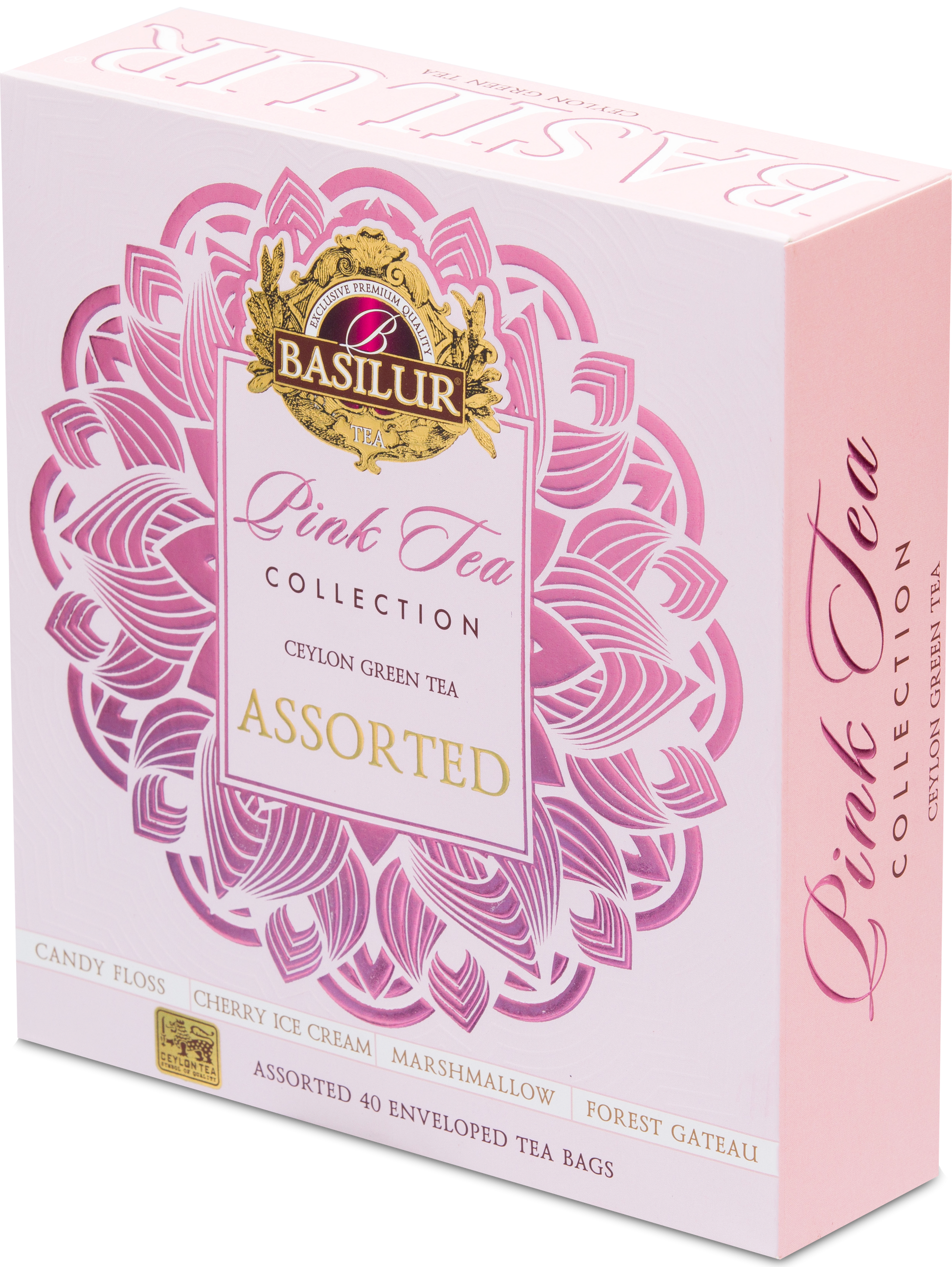 Opakowanie Basilur Pink Tea Collection widoczne z lewej perspektywy, elegancki design.