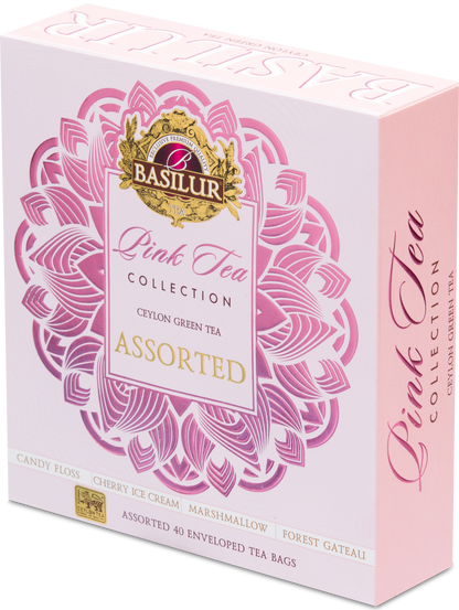 Opakowanie Basilur Pink Tea Collection widoczne z lewej perspektywy, elegancki design.