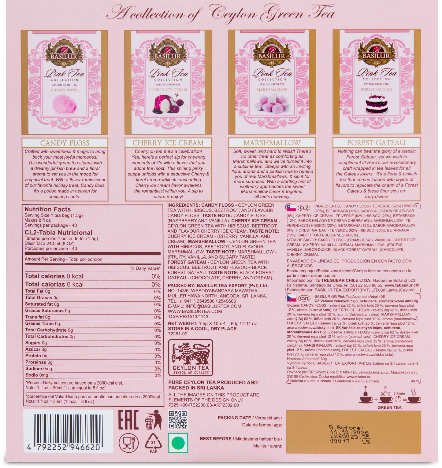 Tylna strona opakowania Basilur Pink Tea Collection z opisami smaków i informacjami o składzie.