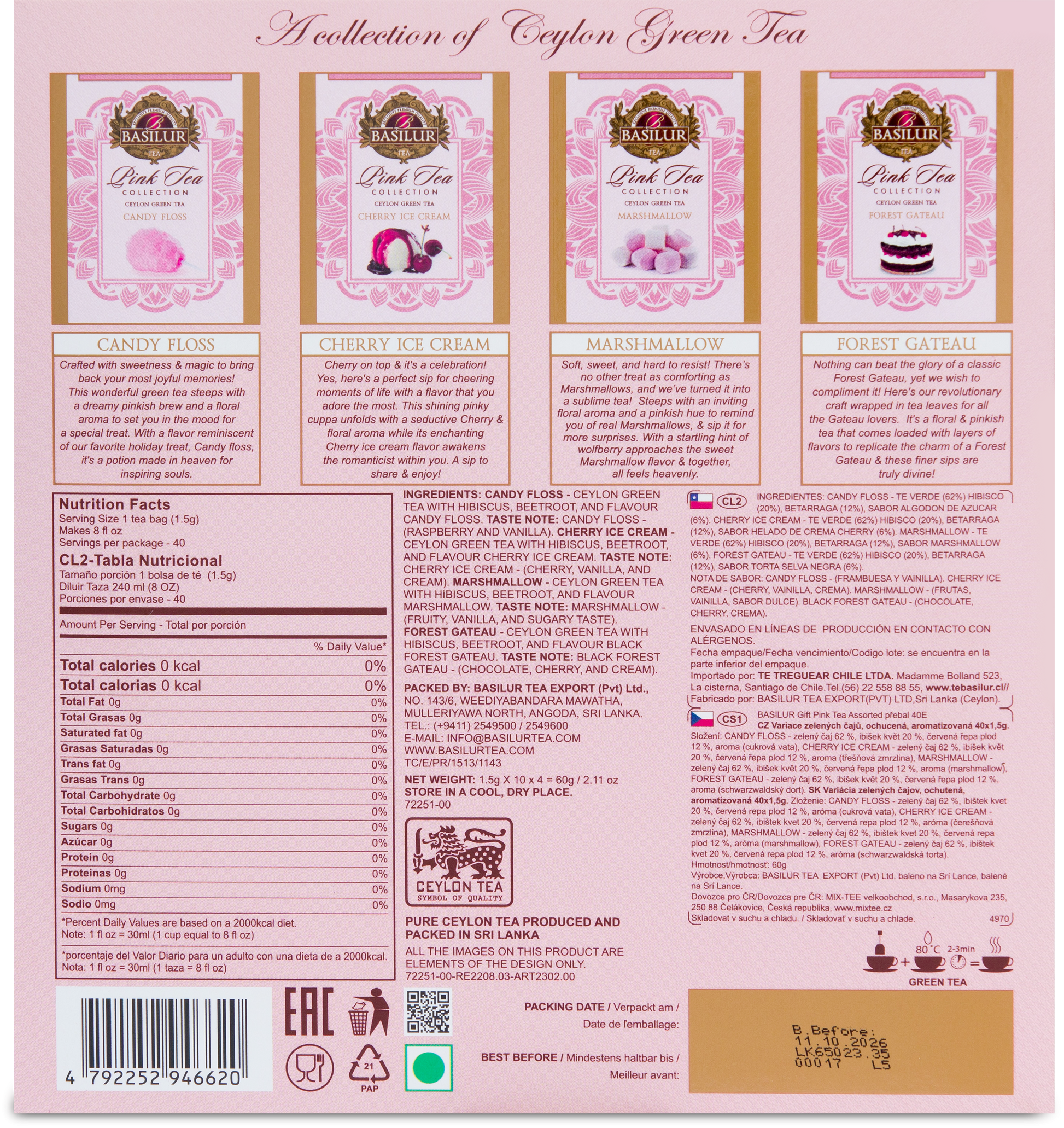 Tylna strona opakowania Basilur Pink Tea Collection z opisami smaków i informacjami o składzie.