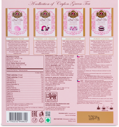 Tylna strona opakowania Basilur Pink Tea Collection z opisami smaków i informacjami o składzie.
