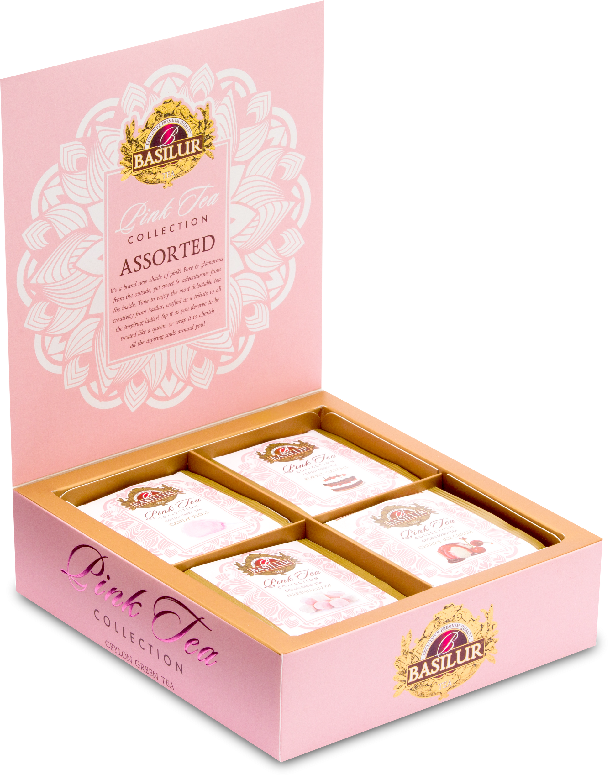 Zestaw herbat Basilur Pink Tea Collection w otwartym pudełku z widocznymi czterema smakami.