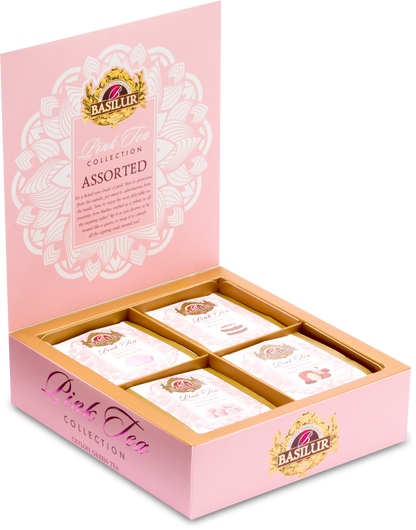 Zestaw herbat Basilur Pink Tea Collection w otwartym pudełku z widocznymi czterema smakami.