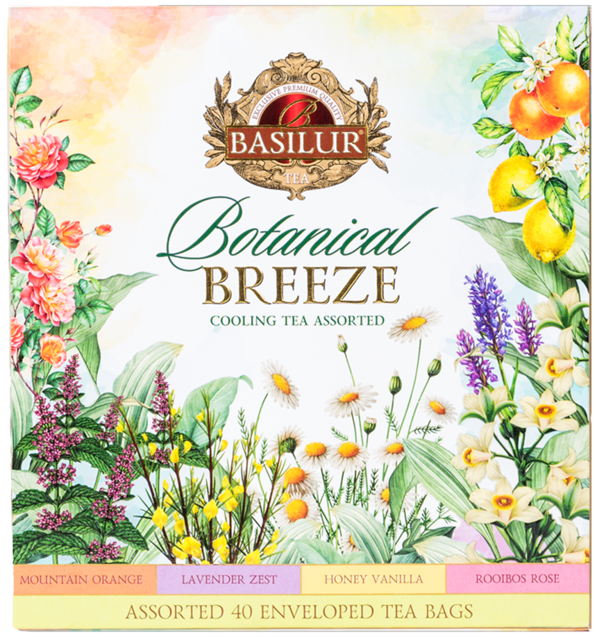 Zbliżenie na pudełko Basilur Botanical Breeze z opisem smaków: Mountain Orange, Lavender Zest, Honey Vanilla, Rooibos Rose.