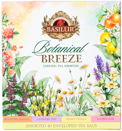 Zbliżenie na pudełko Basilur Botanical Breeze z opisem smaków: Mountain Orange, Lavender Zest, Honey Vanilla, Rooibos Rose.