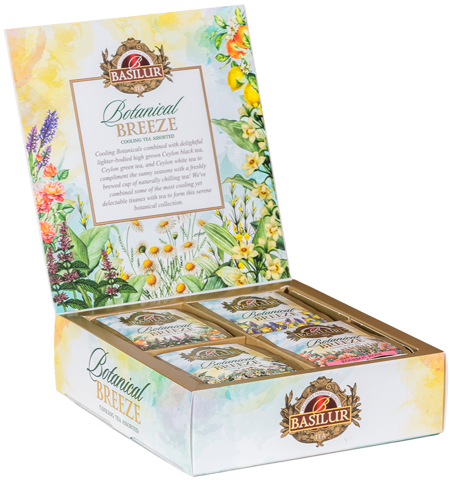 Wnętrze pudełka Basilur Botanical Breeze z kopertami herbat o różnych smakach.