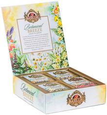 Wnętrze pudełka Basilur Botanical Breeze z kopertami herbat o różnych smakach.