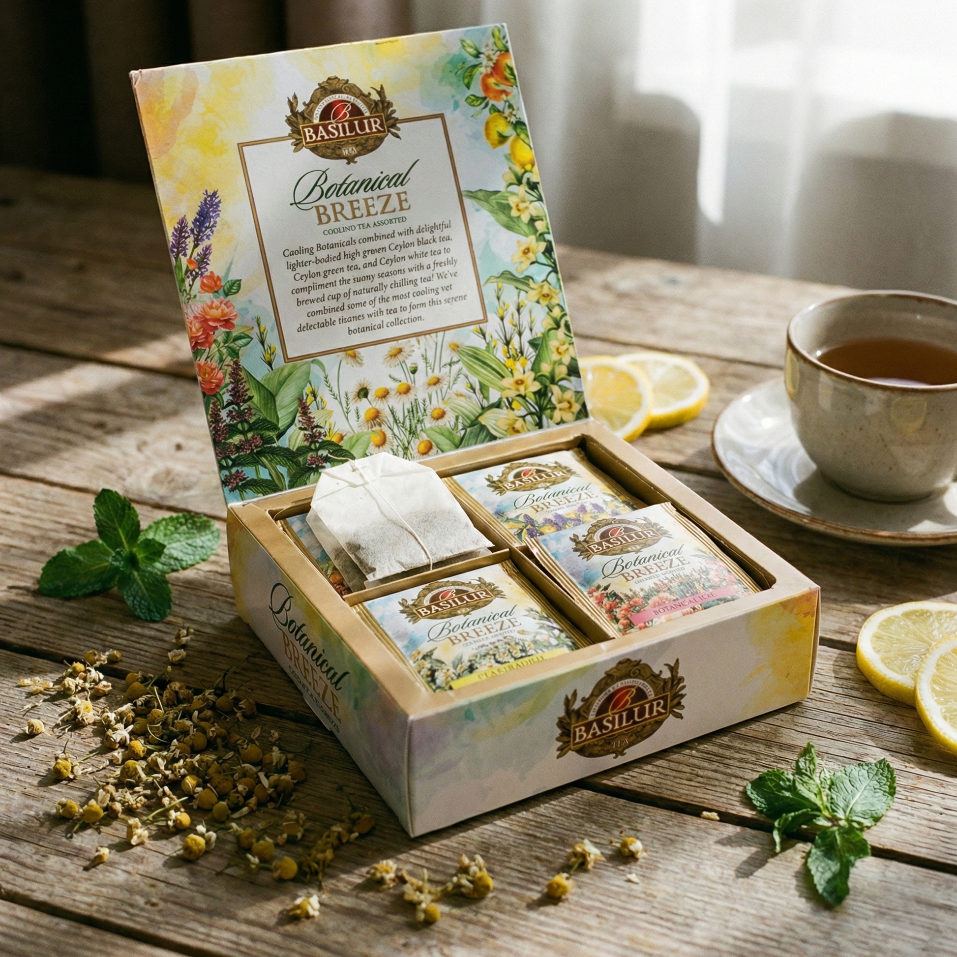 Otwarte pudełko herbaty Basilur Botanical Breeze z saszetkami, cytryną, miętą i rumiankiem na drewnianym stole.