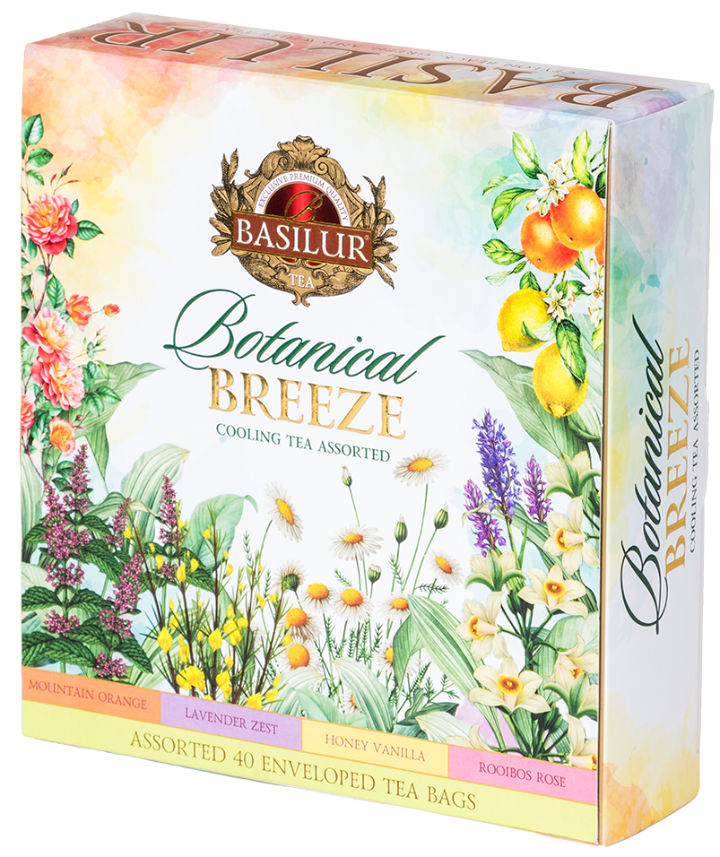 Boczne ujęcie pudełka herbat Basilur Botanical Breeze z kolorową, botaniczną grafiką.