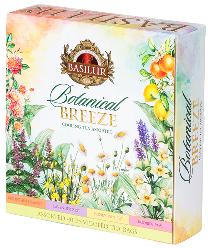 Boczne ujęcie pudełka herbat Basilur Botanical Breeze z kolorową, botaniczną grafiką.