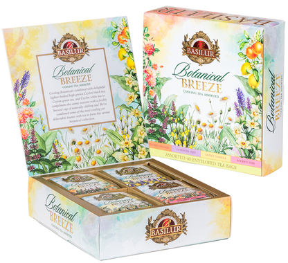 Zestaw Basilur Botanical Breeze – otwarte opakowanie z czterema rodzajami aromatycznych herbat.