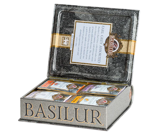 Zestaw herbat Basilur Earl Grey Assorted w eleganckiej metalowej puszce w kształcie książki.