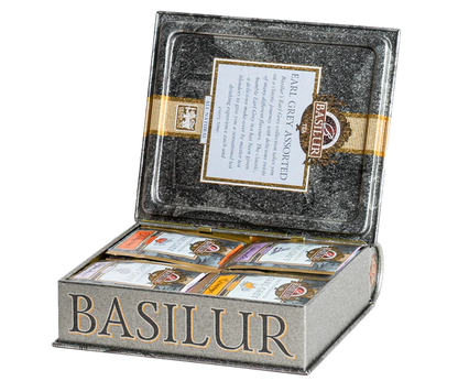 Zestaw herbat Basilur Earl Grey Assorted w eleganckiej metalowej puszce w kształcie książki.
