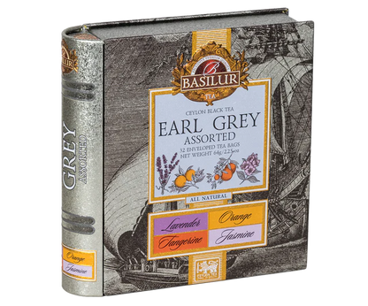 Elegancka puszka Basilur Earl Grey Assorted z klasycznym motywem żaglowca.