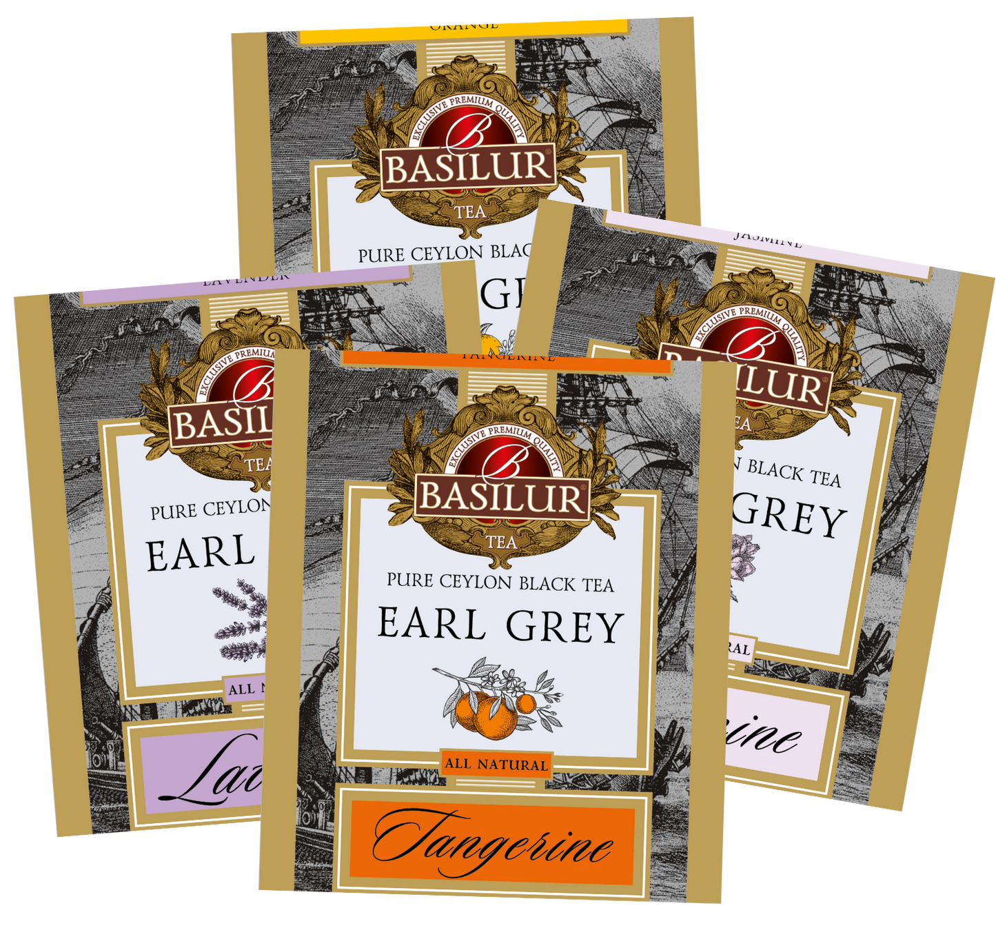 Saszetki herbat Basilur Earl Grey o smakach Lavender, Orange, Tangerine i Jasmine.